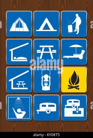 Einstellen der Symbole von Aktivitäten im Freien: Zelt, Grillplatz, Unterkunft, Essen, Laternen, Lagerfeuer, Dusche, Trailer. Symbole in blauer Farbe auf Holz zurück Stock Vektor