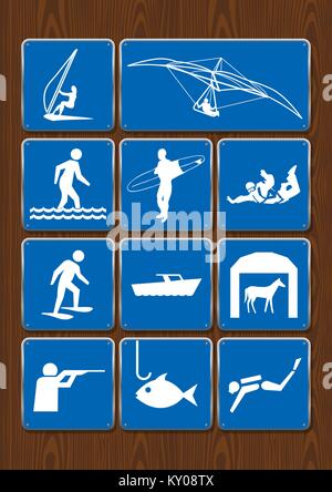 Einstellen der Symbole von Outdoor-Aktivitäten: Gleitschirmfliegen, Fallschirmspringen, Surfen, Angeln, Tauchen, jagen. Symbole in blauer Farbe auf Holz- Hintergrund Stock Vektor