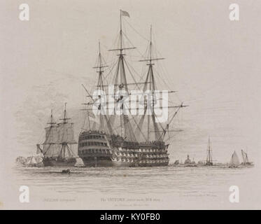 HMS VICTORY in Portsmouth Harbour mit einer Kohle Schiff neben, 1828 Stockfoto