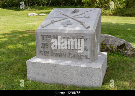 Die 7 Massachusetts Infanterie Denkmal, Gettysburg National Military Park, Pennsylvania, United States. Stockfoto