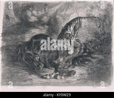 Delacroix's Wild Horse Feled by a Tiger ist ein Gemälde, das ein Pferd darstellt, das von einem Tiger angegriffen wird und dramatische Bewegungen, Farben und europäische romantische Kunsttechniken des 19. Jahrhunderts veranschaulicht. Stockfoto