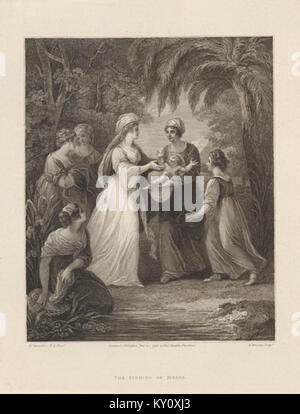 „Finding of Moses“ ist ein historisches Gemälde von William Bromley, das die biblische Szene darstellt, in der Moses im Fluss entdeckt wurde und künstlerische Interpretation und religiöse Erzählungen des 18. Jahrhunderts widerspiegelt. Stockfoto