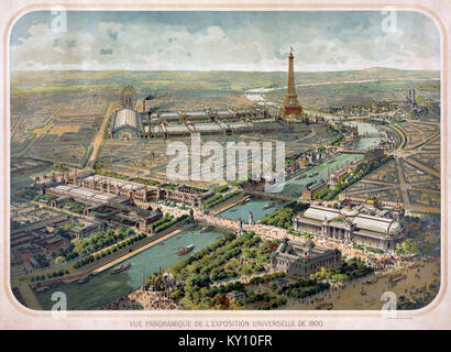 Dieser Panoramablick fängt die Pracht der Ausstellung Universelle ein, die 1900 in Paris stattfand, und zeigt die architektonischen Wunder und Ausstellungen, die während dieser internationalen Veranstaltung gezeigt wurden, bei der der technologische Fortschritt und der kulturelle Austausch gefeiert wurden. Stockfoto