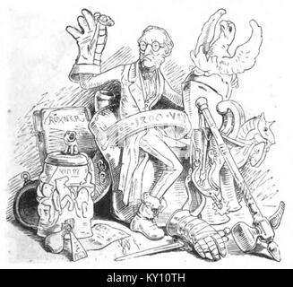 Diese Seite der Fliegenden Blätter, einer deutschen Humorzeitschrift aus dem 19. Jahrhundert, zeigt Karikaturen und satirische Illustrationen, die die komödiantische und politische Satire dieser Zeit widerspiegeln. Stockfoto