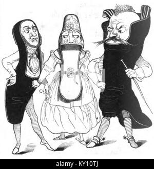 Diese Seite der Fliegenden Blätter zeigt einen politischen oder kulturellen Zeichentrick, der die gesellschaftlichen Fragen der Zeit reflektiert. Stockfoto