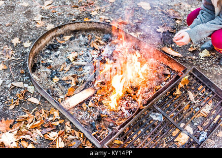 Nahaufnahme von Baumstämmen Holz auf große Feuer, junge Frau Erwärmung brennende Blätter Übersicht detail und Textur von Campingplatz Lagerfeuer grillen im freien Park Stockfoto