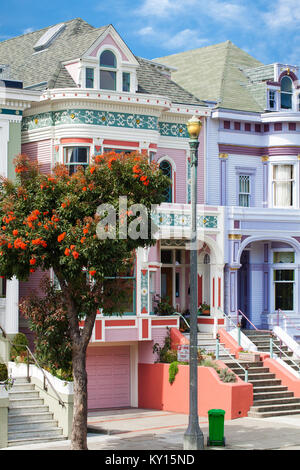 San Francisco painted ladies Viktorianischen Häusern, in pink und lavendel Stockfoto