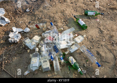 Verworfen leer Alkohol Spirituosen Flaschen und anderer Müll in Park links Stockfoto