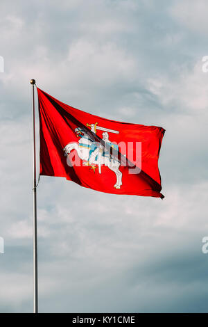 Wappen von Litauen auf der (historischen) Flagge Litauens, winken am Fahnenmast am Himmelshintergrund. Stockfoto