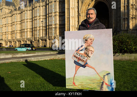 London, Großbritannien. 10 Jan, 2018. Satirische Künstler Kaya Mar steht außerhalb des Parlaments mit einem neuen satirischen Gestaltungsarbeit auf das Thema der harte Brexit. Sowohl Prime M Stockfoto