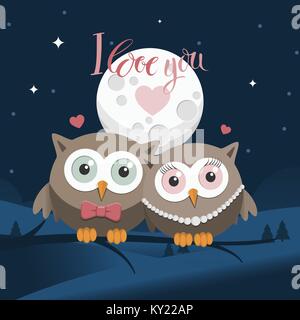 Paar Eulen in Liebe in der Nacht mit der Meldung. Vector Illustration Stock Vektor