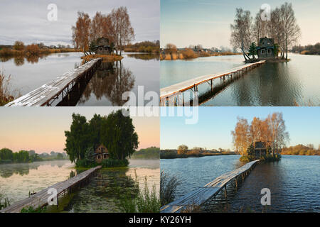 Vier Jahreszeiten. malerischen kleinen Haus auf einer kleinen Insel Stockfoto