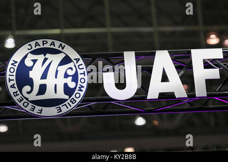 Chiba, Japan. 12. Januar 2018. Ein Japan Automobile Federation (JAF) Logo auf der Tokyo Auto Salon 2018 Am 12. Januar 2018, Chiba, Japan gesehen wird. Tokyo Auto Salon ist einer der größten Automobil Ausstellungen, darunter auch die neuesten technologischen Lösungen und Produkte Autos anpassen. Die Show läuft von Januar 12 bis 14 in Makuhari Messe International Convention Complex. Credit: Rodrigo Reyes Marin/LBA/Alamy leben Nachrichten Stockfoto