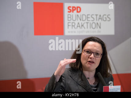 Berlin, Deutschland. 12 Jan, 2018. Andrea Nahles, Parteivorsitzende der Sozialdemokratischen Partei (SPD) Interviews während der SPD-Fraktionssitzung im Bundestag in Berlin, Deutschland, 12. Januar 2018 geben. Credit: Soeren Stache/dpa/Alamy leben Nachrichten Stockfoto