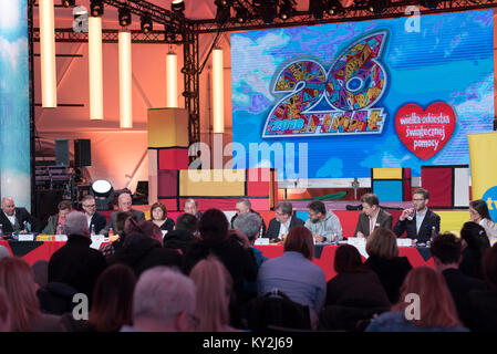 Warschau, Polen, 12. Januar 2018. Pressekonferenz vor dem 26 Finale des Großen Orchester der Weihnachten Nächstenliebe - WOSP. Die größte Charity fundraising wird am 14. Januar beginnen. Die diesjährige Sammlung heißt 'für den gleichen Zugang zu medizinischer Versorgung für alle Neugeborenen' Stockfoto