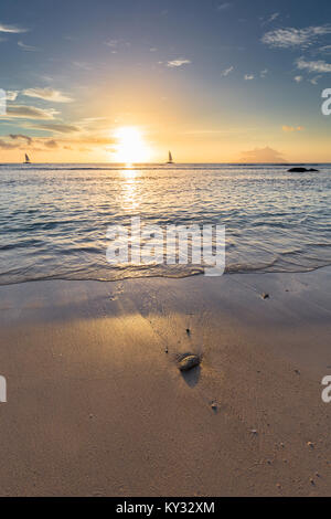 Sonnenuntergang über dem Meer mit zwei Segelboote auf dem Horizont und ein Stück Koralle am Strand Stockfoto