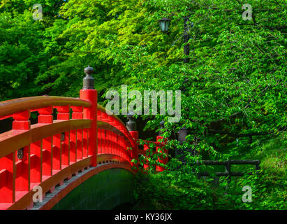 Rote Brücke über den Burggraben der Burg Hirosaki in Aomori, Japan. Stockfoto