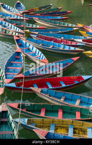 Bunte Boote aus Holz für Mietwagen am Phewa See, Pokhara, Nepal Stockfoto