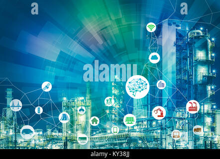 Ki (Künstliche Intelligenz) und smart factory. Abstract mixed Media. Stockfoto
