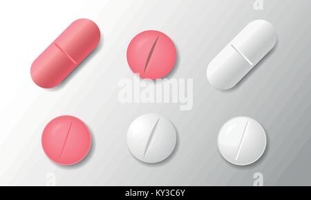 Satz von verschiedenen Vektor Pillen und Tabletten auf weißem Hintergrund Stock Vektor