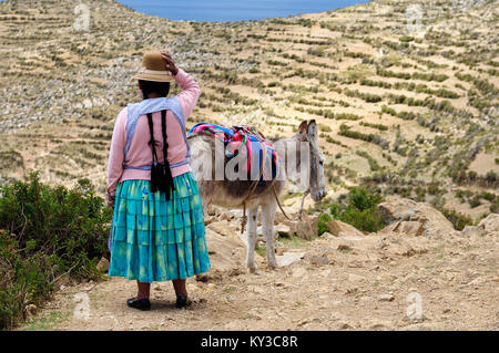 Südamerika, Bolivien - Isla del Sol im Titicacasee, dem größten drohnengestützten See der Welt. Ethnische Frau ist unterwegs auf den Esel durch Stockfoto