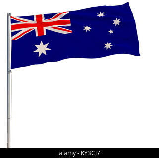 Isolieren Flagge Australien auf einem Fahnenmast im Wind flattern auf einem weißen Hintergrund, 3D-Rendering Stockfoto