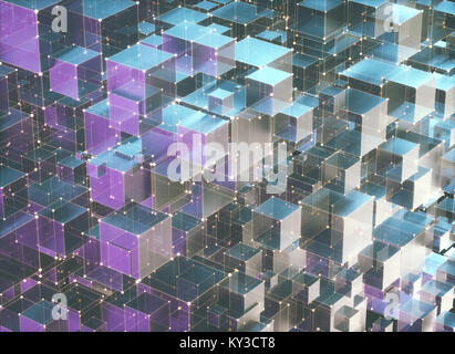 3D-Illustration, abstrakten Hintergrund von Kuben und miteinander verbundenen Linien, technologische Verbindungen. Stockfoto