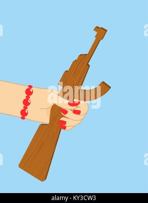 Februar 23. Frau Hand geben Holz Pistole Spielzeug. Holz- Waffen - Traditionelles Geschenk für Männer am Tag der Verteidiger des Vaterlandes in Russland. Übersetzung text Rus Stock Vektor