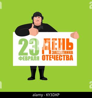 23. Februar. Verteidiger des Vaterlandes Tag. Tankman Daumen nach oben und Winks. Russischer Soldat glücklich emoji. Tankman Militärs in Russland Freude. Übersetzung Text Stock Vektor