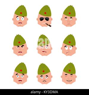 Sowjetischen Soldaten eingestellt emoji Avatar. traurig und wütend das Gesicht. schuldig und Schlafen. Retro russische Krieger Rauchen Zigarre emotion Gesicht. Kranke Militärs in Russland. Ich Stock Vektor