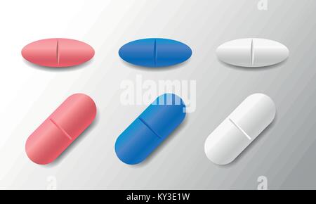 Satz von verschiedenen Vektor oval Pillen und Tabletten auf weißem Hintergrund Stock Vektor