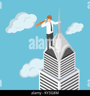 Wohnung 3 d isometrische Unternehmer an der Spitze der Wolkenkratzer loking durch Fernglas oder Teleskop. Unternehmen Vision und Marketing Prognose Konzept. Stock Vektor