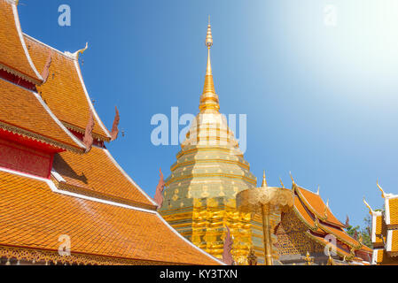 Goldene Chedi (Stupa) und Regenschirm im Tempel Wat Phra, die Doi Suthep, Chiang Mai, Thailand Stockfoto