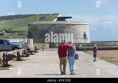 Seaford Head und Martello Tower Museum von Seaford Strand, Seaford, East Sussex, England, Vereinigtes Königreich Stockfoto