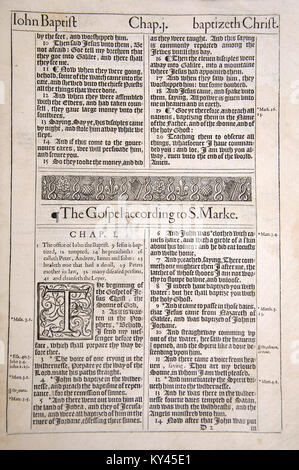 1611 Edition der King James Version der Bibel, mit der ersten Seite des Markusevangeliums öffnen im Neuen Testament. Aus dem Reed Seltene Bücher Sammlung bei Dunedin Public Library, Dunedin, Neuseeland. Stockfoto