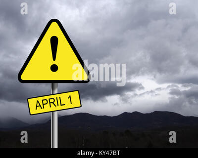 April, April'Day. Schwarz-gelbe Gefahr Warnzeichen. Stockfoto