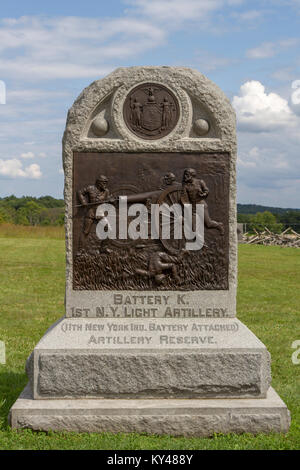 Das Denkmal für die 1. New York, Battery K, Cemetery Ridge, Gettysburg National Military Park, Pennsylvania, United States. Stockfoto