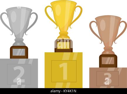 Gold Cup Champion auf dem Podest, den ersten Platz. Siegertreppchen mit Gold, Silber und Bronze Trophy. Auf weissem Hintergrund. Vector Illustration. Stock Vektor