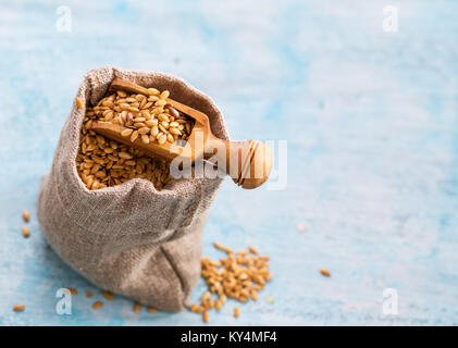Leinsamen in Tasche und Schaufel Stockfoto
