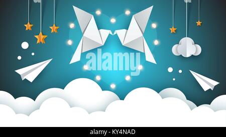 Zwei Liebende Tauben in den Himmel. Valentinstag. Stock Vektor