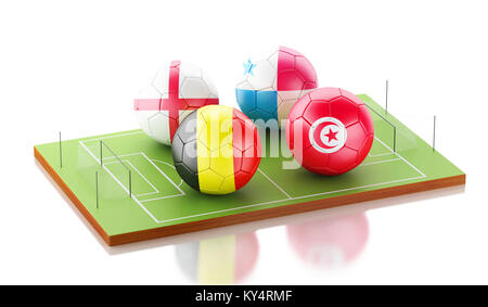 3D-Darstellung. Fußball-Turnier 2018. Gruppe G, Belgien, Frankreich, England, Tunesien. Stockfoto