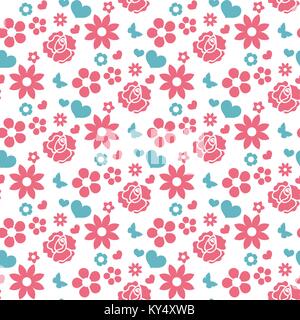 Happy Valentine's Day nahtlose Muster. Süße romantische Liebe endlos Hintergrund. Herzen, Blumen sich wiederholende Textur. Vector Illustration. Stock Vektor