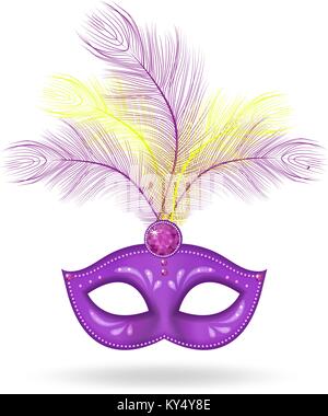 Mardi Gras Mask Symbol, realistische 3D-Stil. Maske mit Federn auf weißem Hintergrund. Fat Tuesday Konzept. Vector Illustration. Stock Vektor