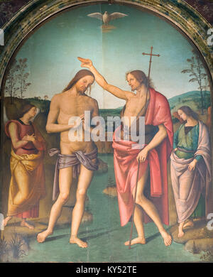 Das berühmte Gemälde "Il Battesimo di Cristo", die Taufe von Jesus Christus, durch Pietro Vannucci (wie Il Perugino bekannt), Città della Pieve, Umbrien, Italien Stockfoto