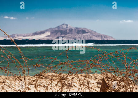 Alten Stacheldraht vor das Rote Meer und die Insel Tiran. . Kabel und blauem Himmel mit Wolken. Schutzzaun von Stacheldraht gegen den blauen Himmel und das Meer. Close-up. Stockfoto