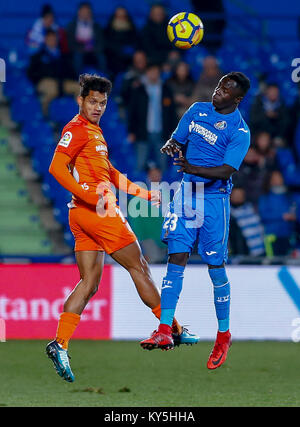 Fußballspieler Amath während La Liga Match zwischen Getafe CF vs Malaga CF Coliseum Alfonso Perez Stadion in Madrid, Spanien, 12. Januar 2018. Credit: Gtres Información más Comuniación auf Linie, S.L./Alamy leben Nachrichten Stockfoto