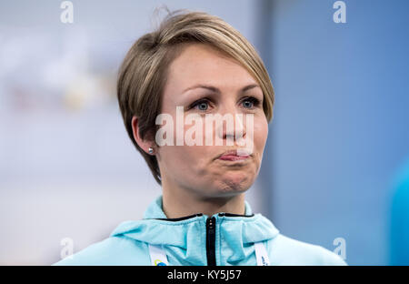 Ruhpolding, Deutschland. 13 Jan, 2018. Ehemalige Biathletin Magdalena Neuner spricht bei einer Pressekonferenz im Biathlon Weltcup in Ruhpolding, Deutschland, 13. Januar 2018. Credit: Sven Hoppe/dpa/Alamy leben Nachrichten Stockfoto