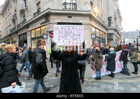 London, Großbritannien. 13 Jan, 2018. Gegen pelz Demonstranten versammelt außerhalb von Kanada Gans Shop in der Oxford Street, einer lautstarken Protest gegen das, was Sie sagen, zu machen, ist die Verwendung von, hundefellen Gänse Federn und Coyote Messe durch die Unternehmen, die Tiere gefangen sind und für die Tage vor der Fallensteller zurück lassen, unermesslichen Schmerz zu Ihnen, der Polizei bei der Hand war, jedoch keine folgte @. Paul Quezada-Neiman/Alamy Live News Credit: Paul Quezada-Neiman/Alamy Leben Nachrichten gestörte Stockfoto