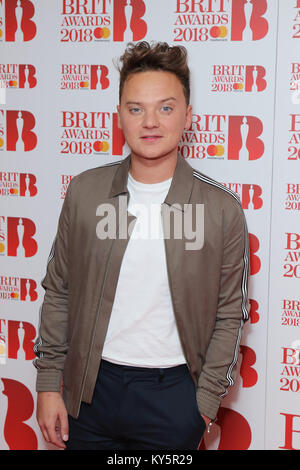 London, Großbritannien. 13. Januar, 2018. Conor Maynard Brit Awards 2018 Nominierungen Ereignis am ITV Studios auf der South Bank in London. Quelle: Martin Evans/Alamy leben Nachrichten Stockfoto