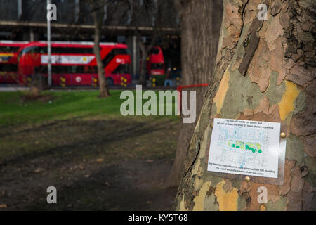 London, Großbritannien. Januar 2018. Ein Baum, der einen Hinweis darauf zeigt, dass er nicht in den Euston Square Gardens außerhalb der Euston Station gefällt wird. Im Rahmen der Vorbereitungen für die HS2-Bahnstrecke sollen in der Gegend reife Londoner Flugzeuge, Red Oak, Common Lime, Common Whitebeam und Wild Service Bäume gefällt werden, um Platz für temporäre Baustellen und einen verdrängten Taxistand zu schaffen. Viele der Bäume wurden "mit Garn bombardiert", mit handgestrickten Schals umwickelt, um die Aufmerksamkeit auf ihr Schicksal zu lenken. Kredit: Mark Kerrison/Alamy Live Nachrichten Stockfoto